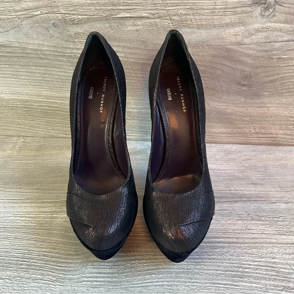 RODO + Talbot Runhof platform velvet and metallic sheen high heel stilettos sz 6